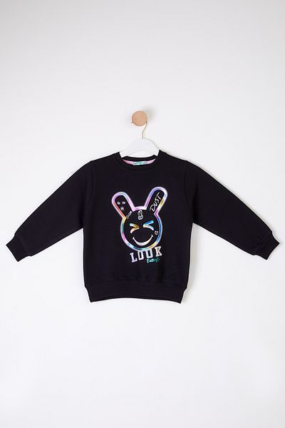 TOFİSA Girl's Black Sweatshirt - Smiling Face Pattern - 26107