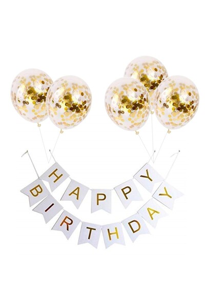 Ropet Set 5 baloane confetti auriu si banner Happy Birthday alb