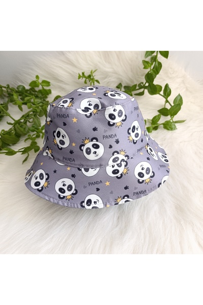 minilkabebe Çocuk Fötr Kova Şapka Panda Desenli 5-8 yaş size:54cm Gri