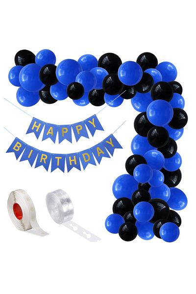 Ropet Balloon arrangement set for arch, Happy Birthday garland, 115 pcs, blue and black