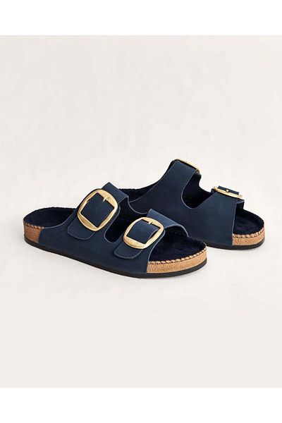 Chirpy Women's Navy Blue Suede Buckle Summer Slippers