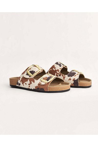 Chirpy Women's Patterned Gold Colored Double Buckle Summer Slippers
