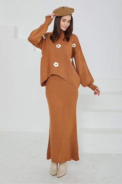 TOFİSA Floral Embroidered Double Set Mink - 26697