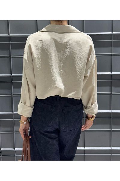 King Brothers Μπεζ γυναικείο πουκάμισο Boyfriend Loose Fit Linen Look Ayrobin Μπεζ Χρώμα Πουκάμισο