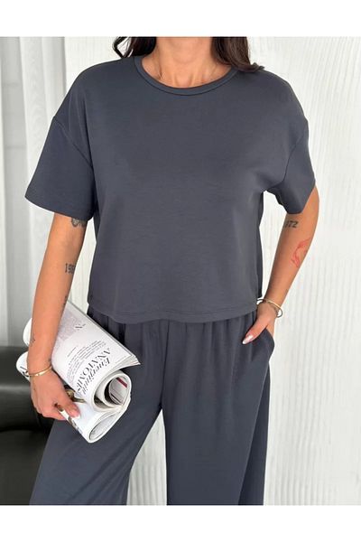 Flaubert /Soft Textured Fabric Crew Neck T-Shirt Wide-Leg Pantalon Double Set