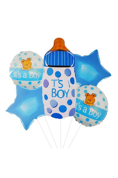 Ropet Set 5 baloane folie, 45cm - 79cm, forma biberon, it's a boy - baby boy, albastru, Ropet