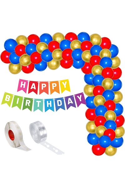 Ropet Balloon arrangement set for arch, Happy Birthday garland, 115 pcs, red, blue and gold
