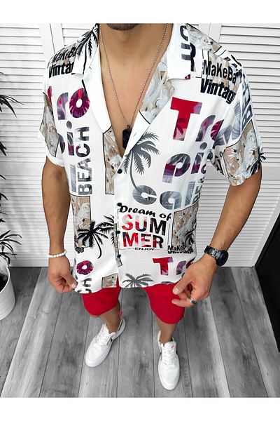 dehaine Men's summer shirt, floral pattern, red, 13086