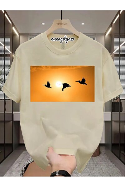 oneagılyazı Sunset Landscape Birds Printed Oversize T-Shirt