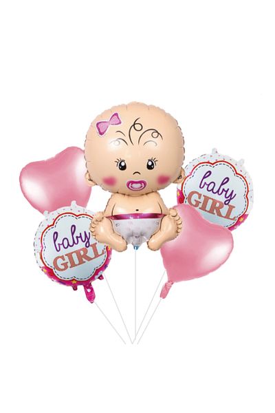 Ropet Set of 5 foil balloons, 45cm - 68cm, baby shape, it's a girl - baby girl, pink, Ropet