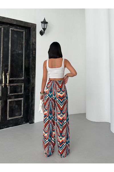 ALİKA Women's Orange Blue Mid Waist Elastic Colorful Patterned Loose Leg 100% Cotton Woven Trousers