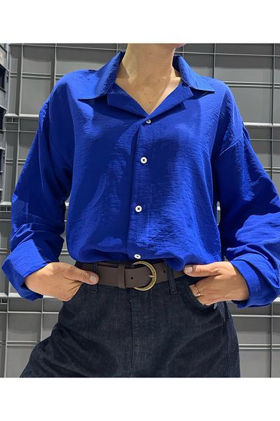 King Brothers Cămașă albastră de damă Boyfriend Loose Fit Linen Look Ayrobin Saks Cămașă de culoare albastră