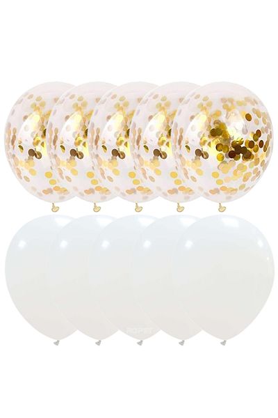 Ropet Set of 10 latex balloons, gold confetti, White, 30cm, Ropet