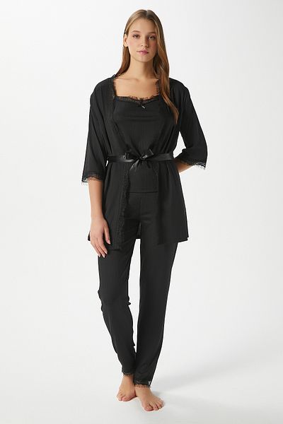 Ritnice Set de pijamale Betty Black pentru femei, 3 piese, cu șnur și curea din frânghie