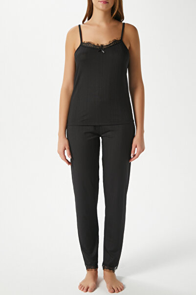 Ritnice Women's Betty Black 3 Pack Dressing Gown Rope Strap Lace Ribbed Knitted Pajama Set