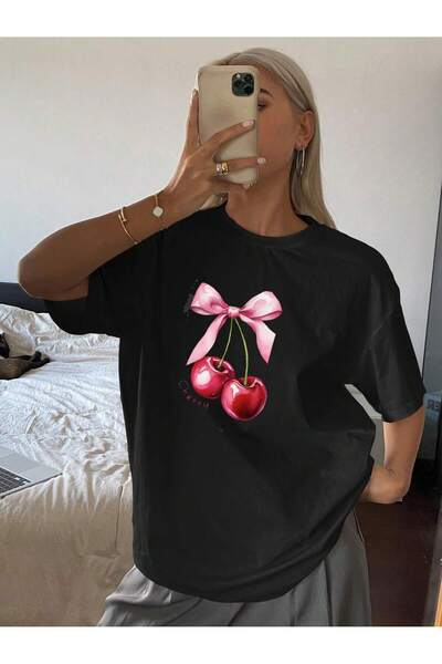 ZİYMO Tricou pentru damă, cu imprimeu de cireșe, cu gâtul turnat