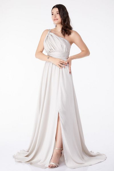 TOFİSA Glitzerndes ärmelloses Abendkleid Weiß - 25460