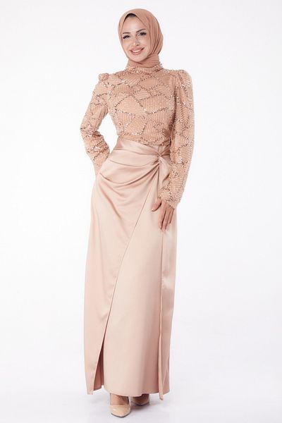 TOFİSA Stone Evening Dress Mink - 26196