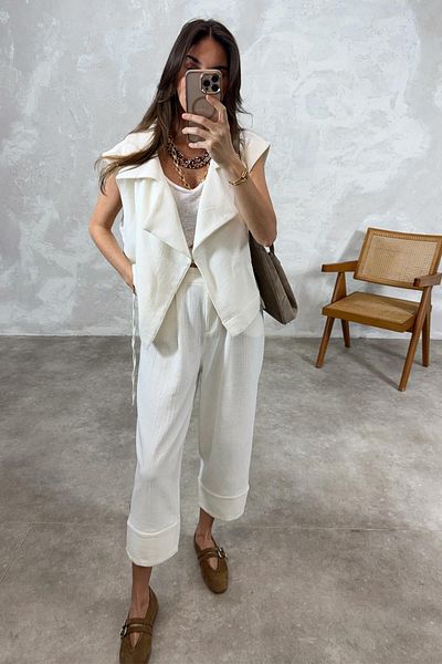 5in1Canpolat White Linen Double Breasted Vest Trousers Suit 4003