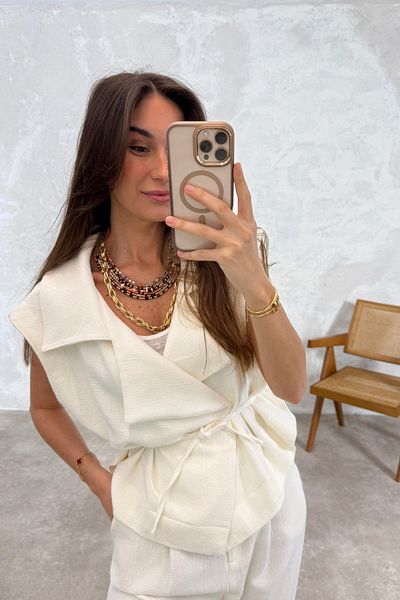 5in1Canpolat White Linen Double Breasted Vest Trousers Suit 4003