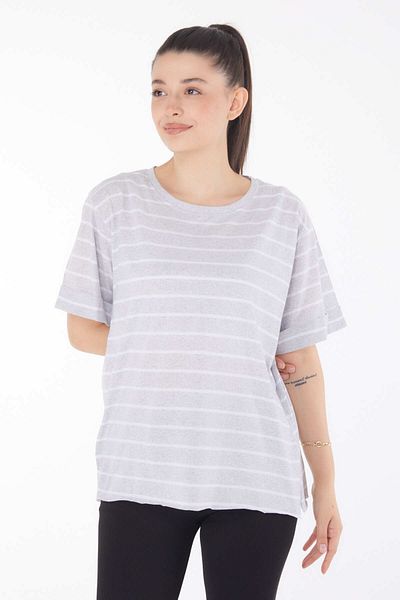 TOFİSA Striped Short Sleeve T-Shirt Light Gray - 25840
