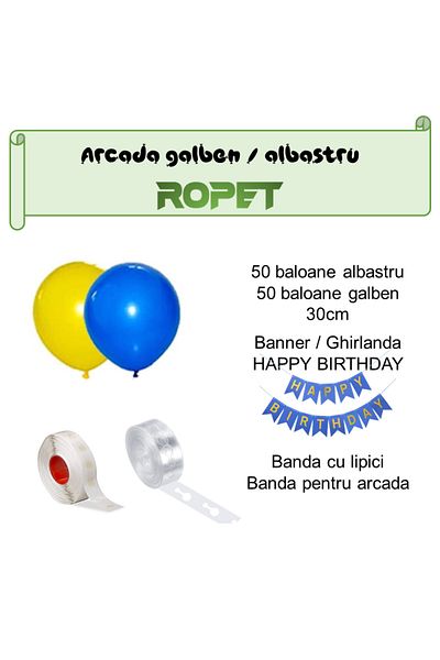 Ropet Balloon arrangement set for arch, Happy Birthday garland, 115 pcs, yellow and blue