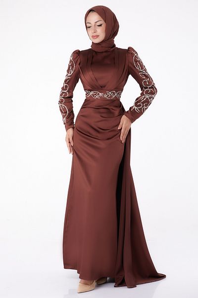 TOFİSA Stoned Princess Evening Dress Brown - 26253