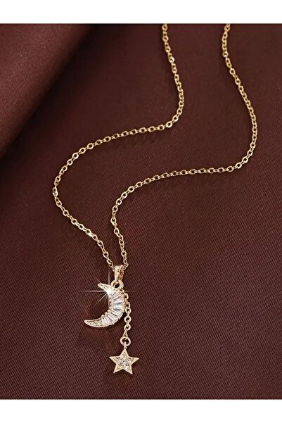 VerdeHome Taşlı Ay Ve Yıldız Figürlü Altın Renk Kadın Kolyesi –anlamlı Hediyelik Kolye – Gökyüzü Temalı