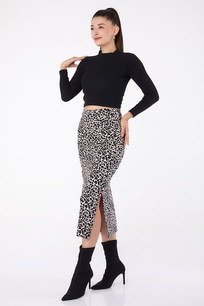 TOFİSA Leopard Patterned Slit Skirt Ecru - 26320