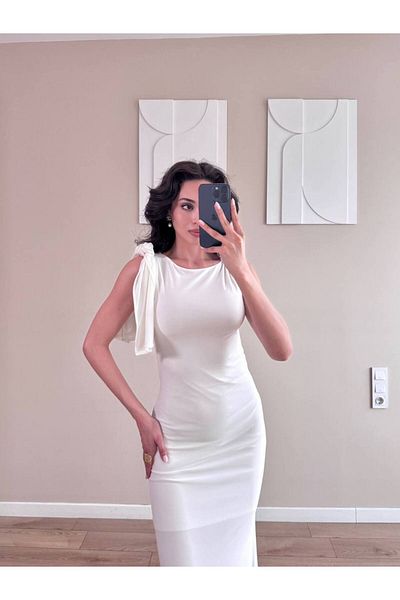LOCH BUTİK Women's White Shoulder Wrap Tie Midi Dress