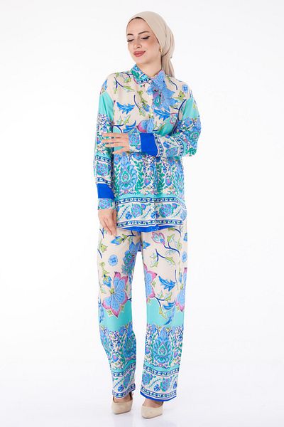 TOFİSA Women's Blue Patterned Plain Shirt Collar Tunic and Trousers - 25604