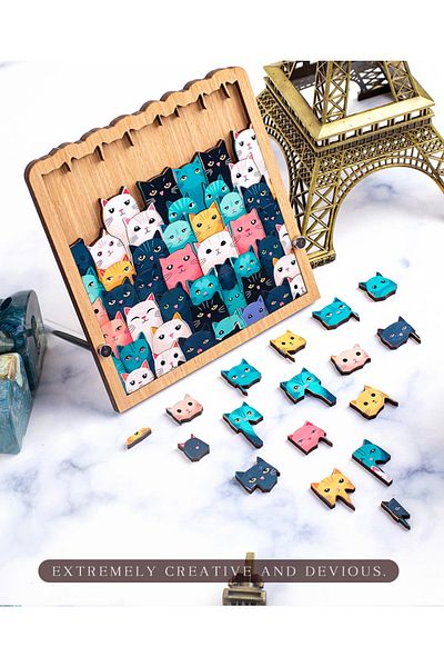 OBRO Wooden puzzle, with frame, for adults, multicolored cats, 62 pieces with unusual shape