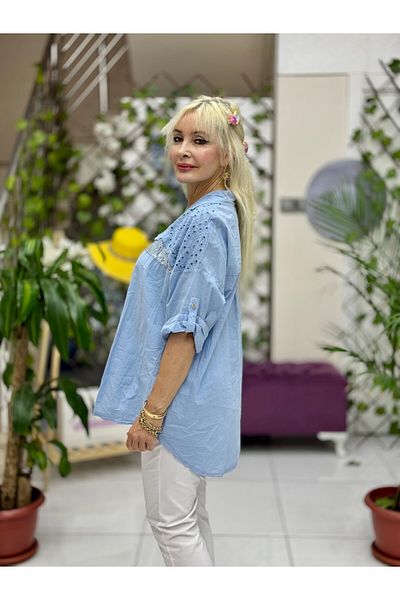 Punta Otantik Nc25537 Italian Scallop Chest Sequin Sequin Cotton Shirt Baby Blue
