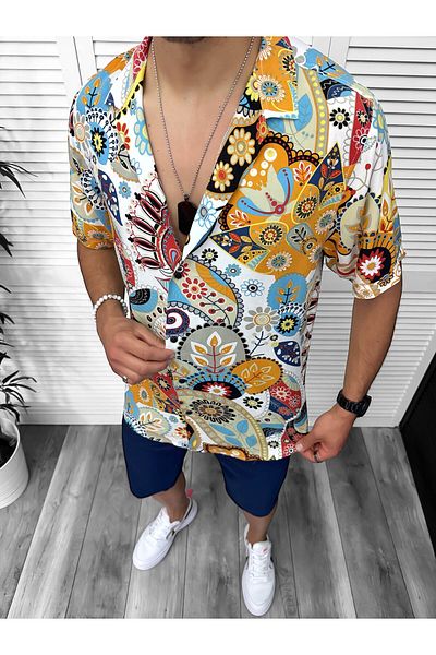 dehaine Men's summer shirt, floral pattern, orange, 13083