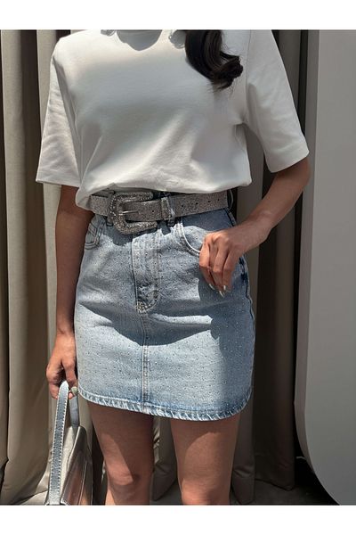 ESRAHELVACI Fusta din denim cu detalii de piatră