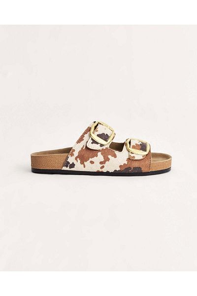 Chirpy Women's Patterned Gold Colored Double Buckle Summer Slippers