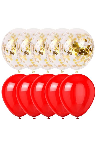 Ropet Set of 10 latex balloons, gold confetti, Red, 30cm, Ropet