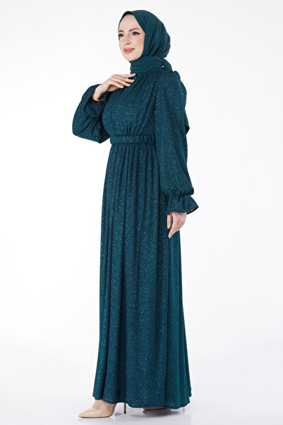 TOFİSA Obyčejné střední dámské zelené večerní šaty s třpytivým páskem - 25058