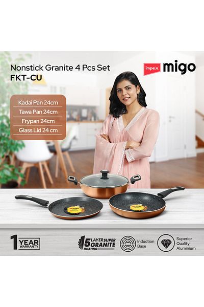 İMPEX Impex Migo 4Piece Nonstick Granite Cookware Set –Copper| Kadai,Tawa,Fry Pan with Glass Lid -FKTCU