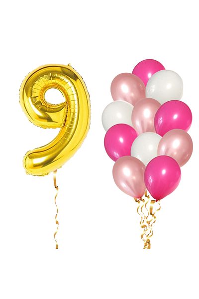 Ropet Set of 13 9th Birthday Balloons, girl, pink/rose gold color, Ropet