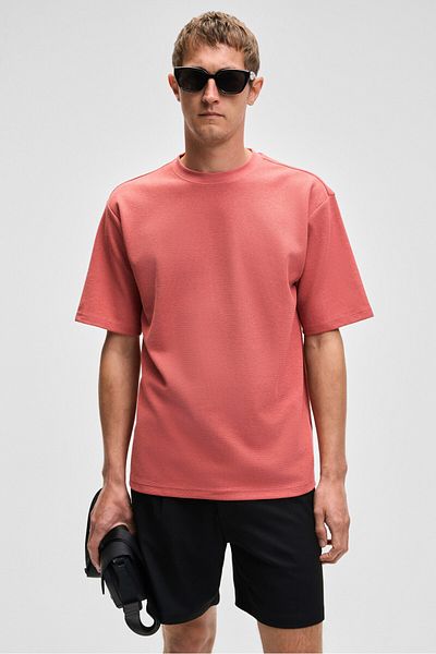 GRIMELANGE Chic Men's Relaxed Fit Textured Cotton Fabric Brick Color T-Shirt