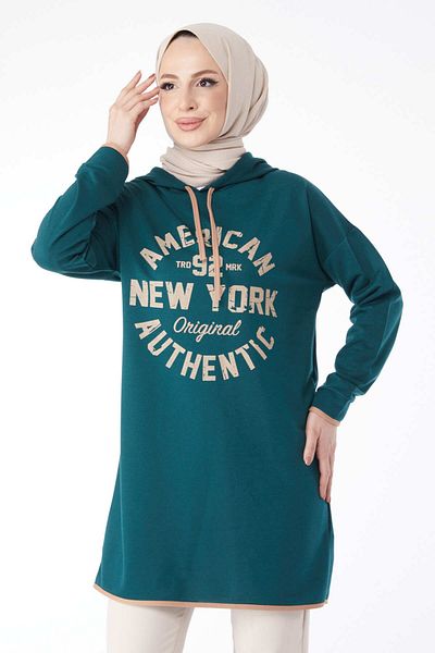 TOFİSA Green Printed Hooded Women's Sweatshirt - 13130