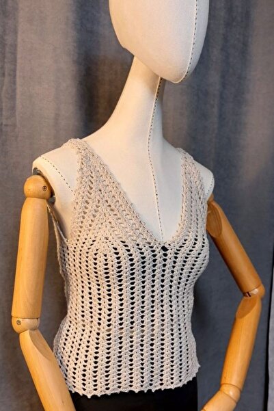 Uretti - Talia 8659 5876 Ручна робота з паєтками, бавовняна нитка, кремовий блуз - розмір M