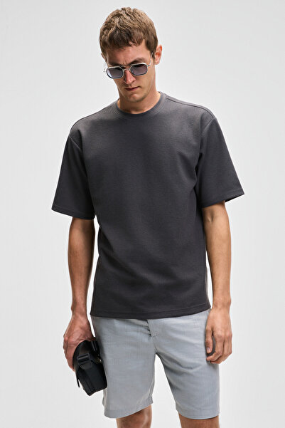 GRIMELANGE Ανδρικό μπλουζάκι CHIC με χαλαρή εφαρμογή από βαμβακερό ύφασμα ανθρακί