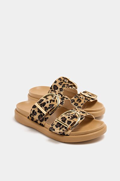 Madamra Leopard Mink Women's Double Buckle Stylish Daily Slippers