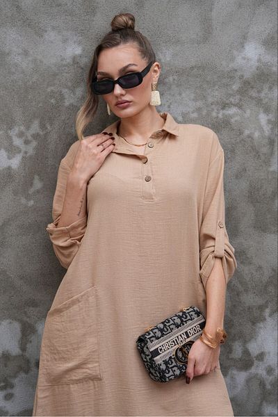 MODAMOR Beige Button Detailed Loose Women's Tunic Dress