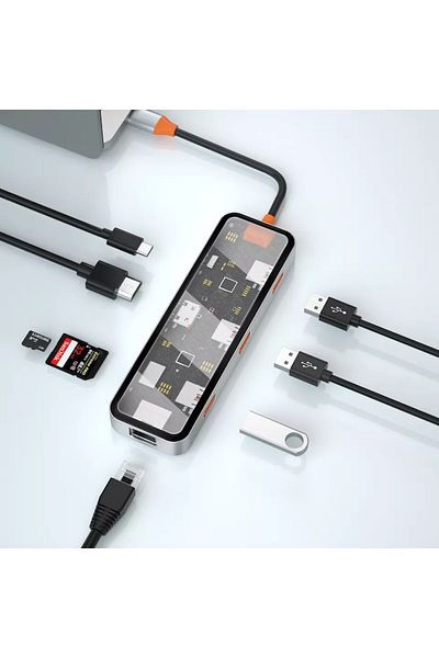 ideal STORE Hub Transparent Adaptor Multiport 7 in 1, USB Type-C, HDMI UHD 4K, USB 3.0, SD/TF Card Reader