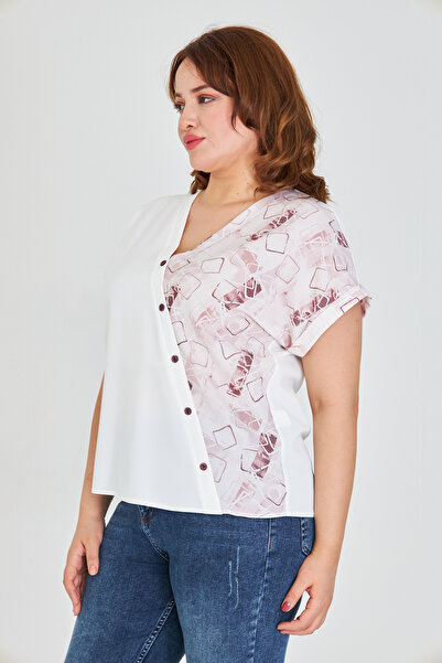 UNIQUE LADY Women S V-Neck Asymmetrical Print Blouse with Ornamental Button Detail - for Casual and Stylish Combinations