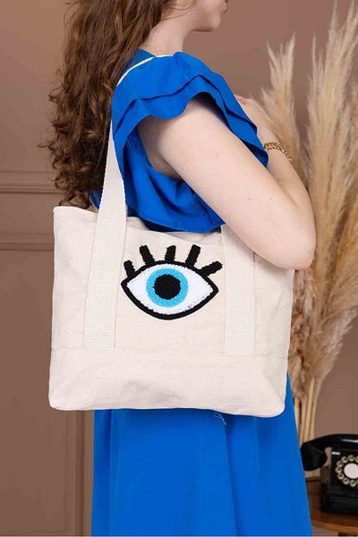 OKTAYUSTA COLLECTİON Punch Embroidered Patterned Beach Bag, Shoulder Bag, Canvas Shoulder Bag with Snap Fasteners