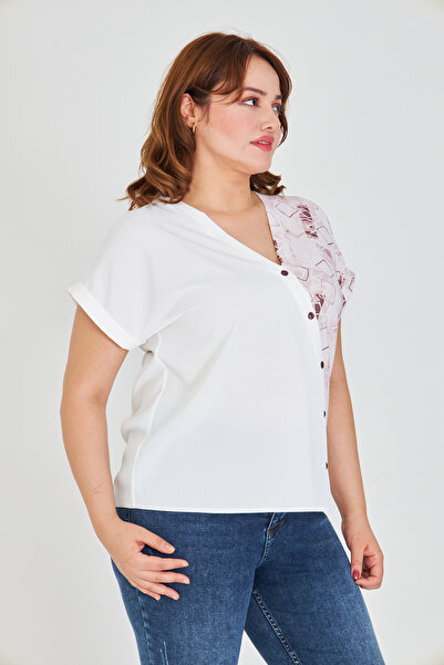 UNIQUE LADY Women S V-Neck Asymmetrical Print Blouse with Ornamental Button Detail - for Casual and Stylish Combinations